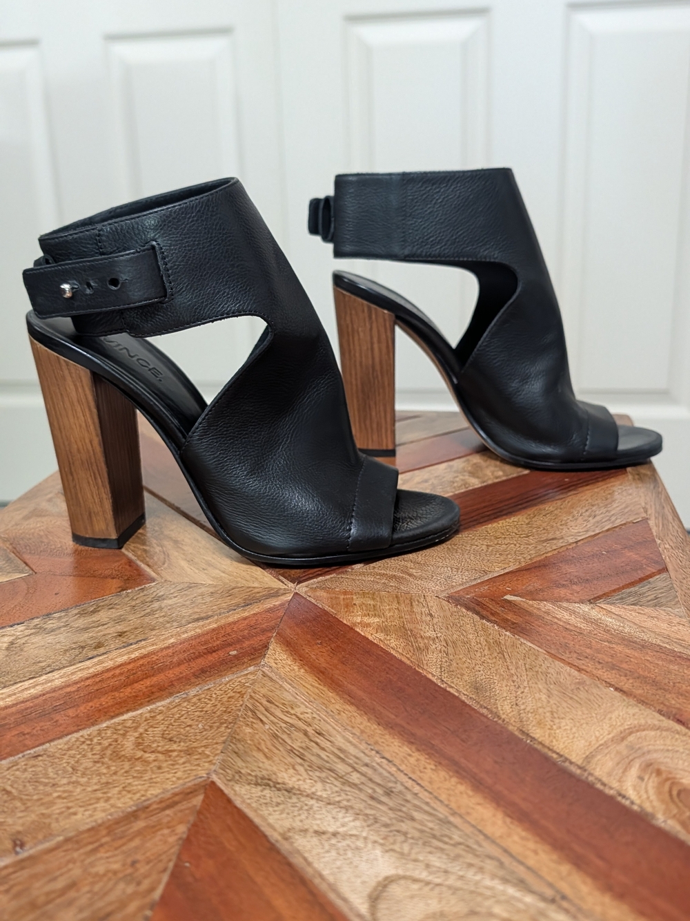 Vince Black Leather Open-Toe Block Heel Sandals